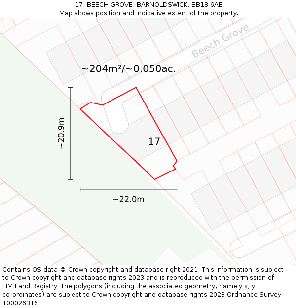 17, BEECH GROVE, BARNOLDSWICK, BB18 6AE: Plot and title map