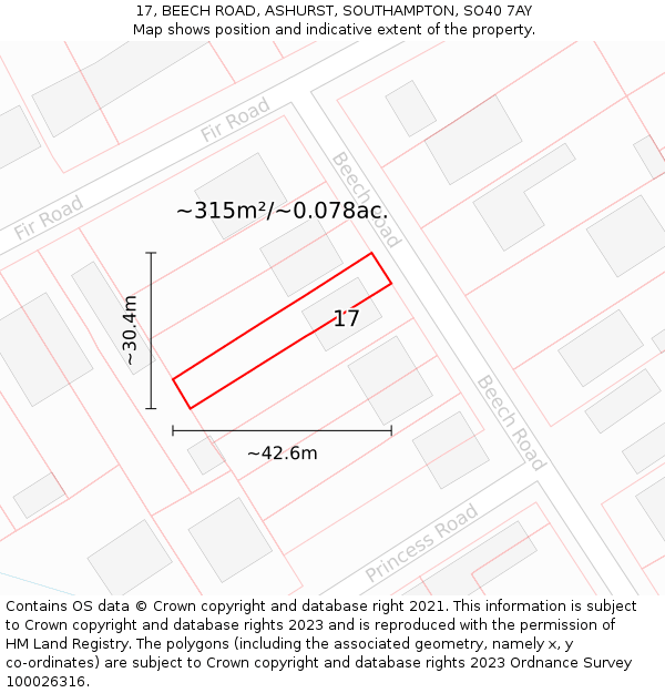 17, BEECH ROAD, ASHURST, SOUTHAMPTON, SO40 7AY: Plot and title map
