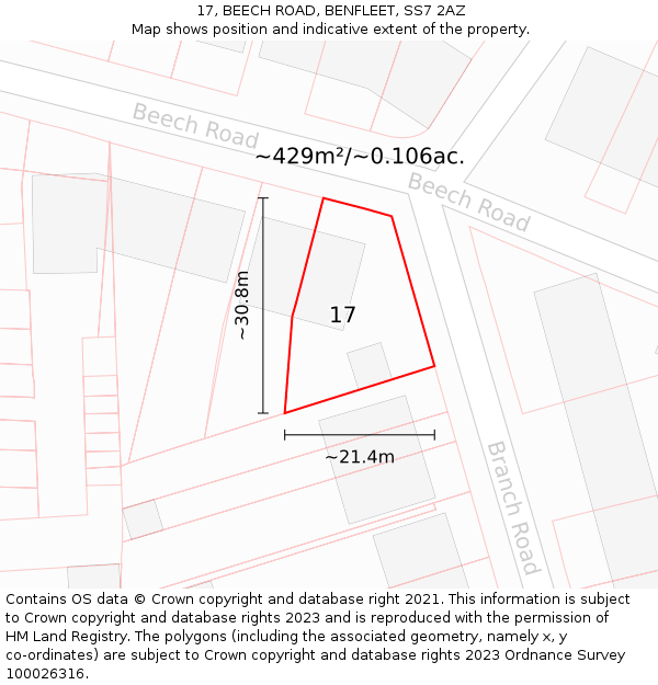 17, BEECH ROAD, BENFLEET, SS7 2AZ: Plot and title map