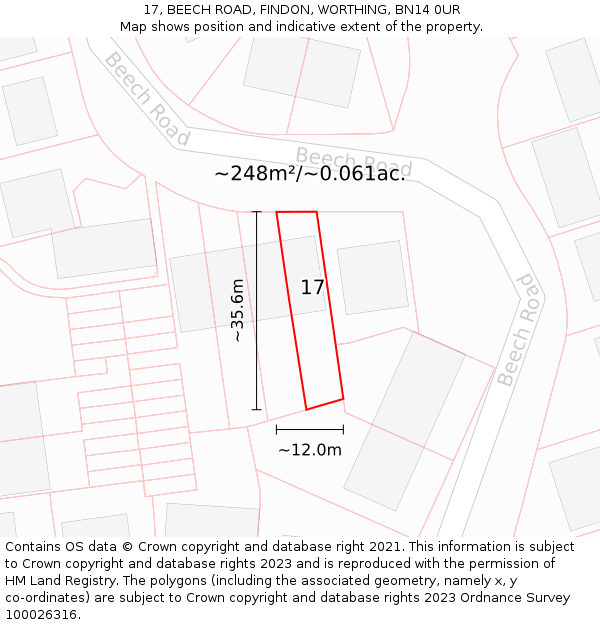 17, BEECH ROAD, FINDON, WORTHING, BN14 0UR: Plot and title map
