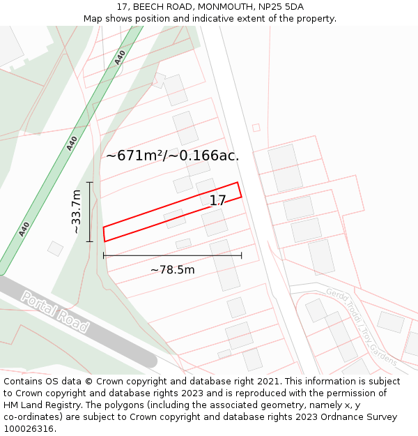 17, BEECH ROAD, MONMOUTH, NP25 5DA: Plot and title map
