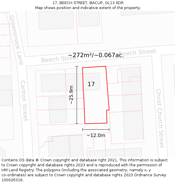 17, BEECH STREET, BACUP, OL13 9DR: Plot and title map
