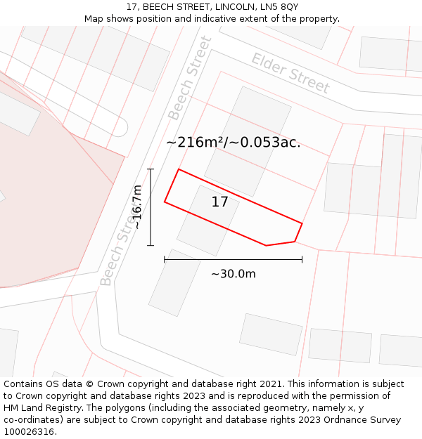 17, BEECH STREET, LINCOLN, LN5 8QY: Plot and title map