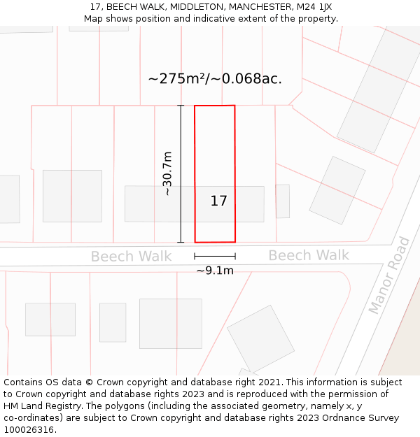 17, BEECH WALK, MIDDLETON, MANCHESTER, M24 1JX: Plot and title map