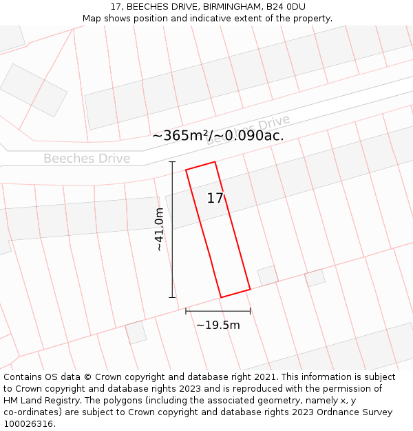 17, BEECHES DRIVE, BIRMINGHAM, B24 0DU: Plot and title map