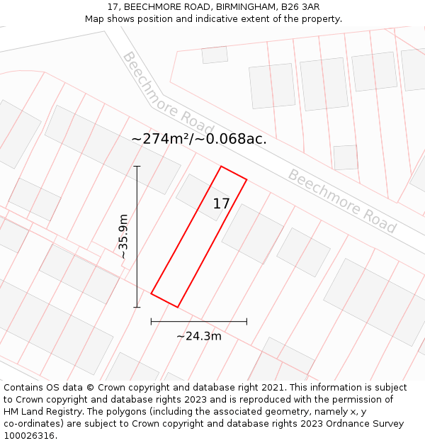 17, BEECHMORE ROAD, BIRMINGHAM, B26 3AR: Plot and title map