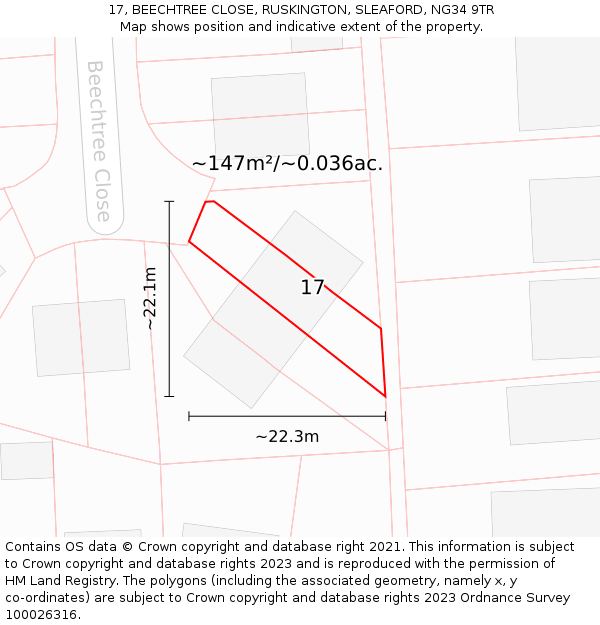 17, BEECHTREE CLOSE, RUSKINGTON, SLEAFORD, NG34 9TR: Plot and title map