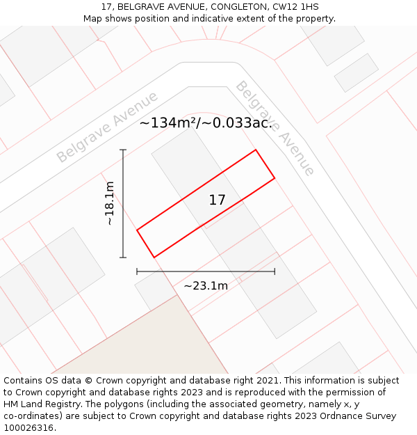 17, BELGRAVE AVENUE, CONGLETON, CW12 1HS: Plot and title map