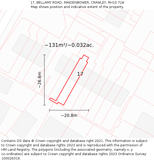 17, BELLAMY ROAD, MAIDENBOWER, CRAWLEY, RH10 7LW: Plot and title map
