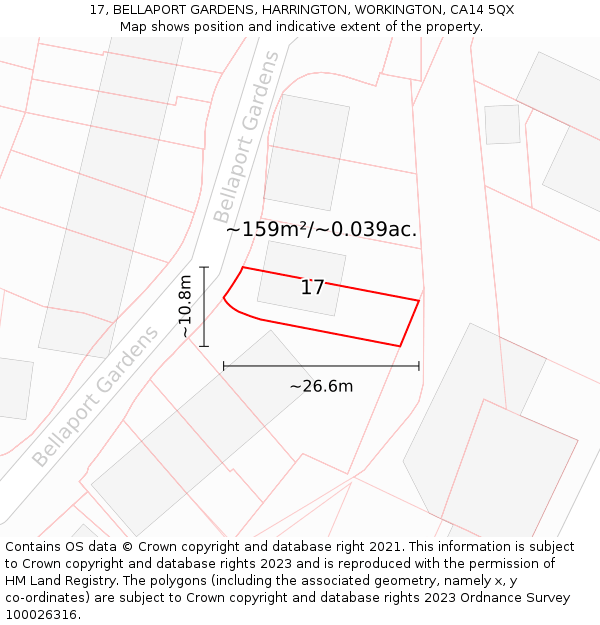 17, BELLAPORT GARDENS, HARRINGTON, WORKINGTON, CA14 5QX: Plot and title map