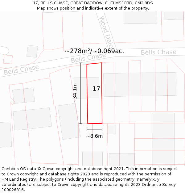 17, BELLS CHASE, GREAT BADDOW, CHELMSFORD, CM2 8DS: Plot and title map
