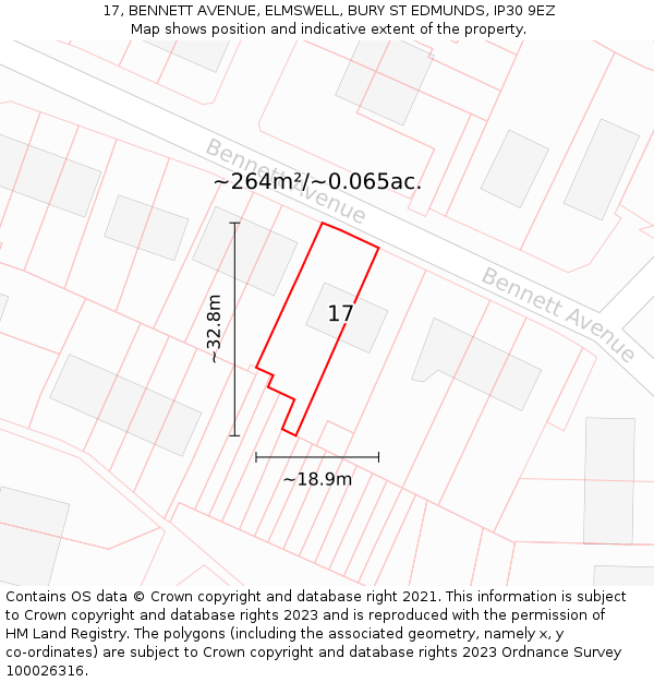 17, BENNETT AVENUE, ELMSWELL, BURY ST EDMUNDS, IP30 9EZ: Plot and title map