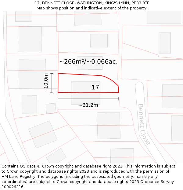 17, BENNETT CLOSE, WATLINGTON, KING'S LYNN, PE33 0TF: Plot and title map