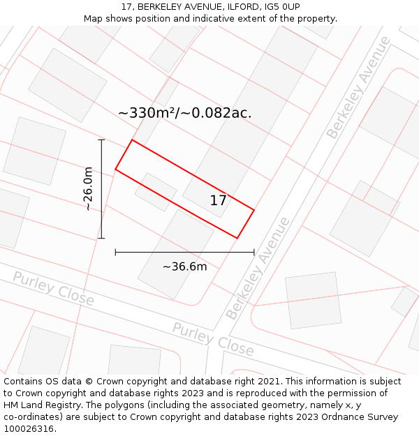 17, BERKELEY AVENUE, ILFORD, IG5 0UP: Plot and title map