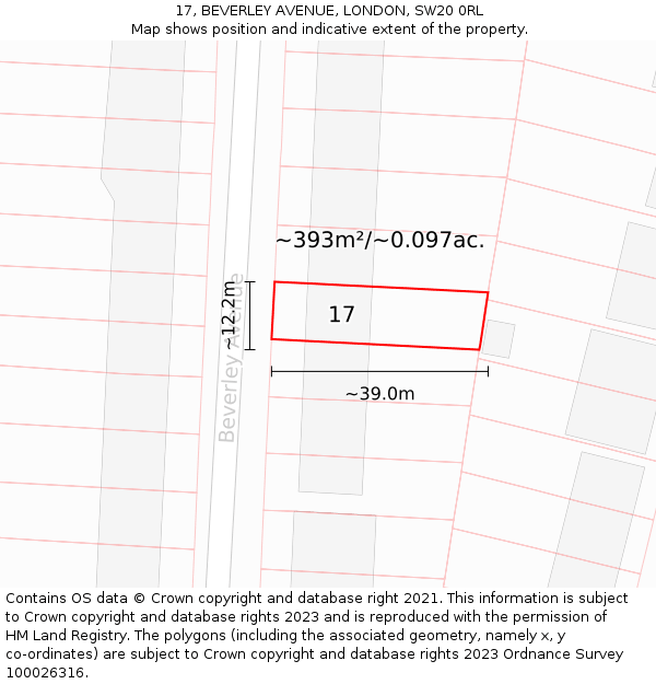 17, BEVERLEY AVENUE, LONDON, SW20 0RL: Plot and title map
