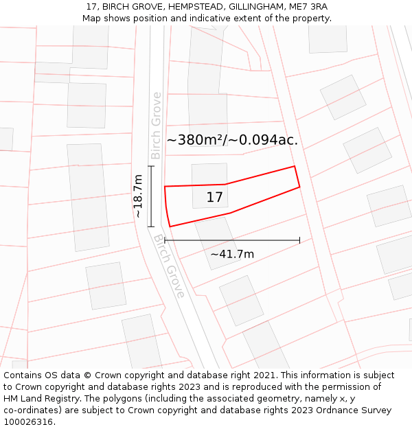 17, BIRCH GROVE, HEMPSTEAD, GILLINGHAM, ME7 3RA: Plot and title map