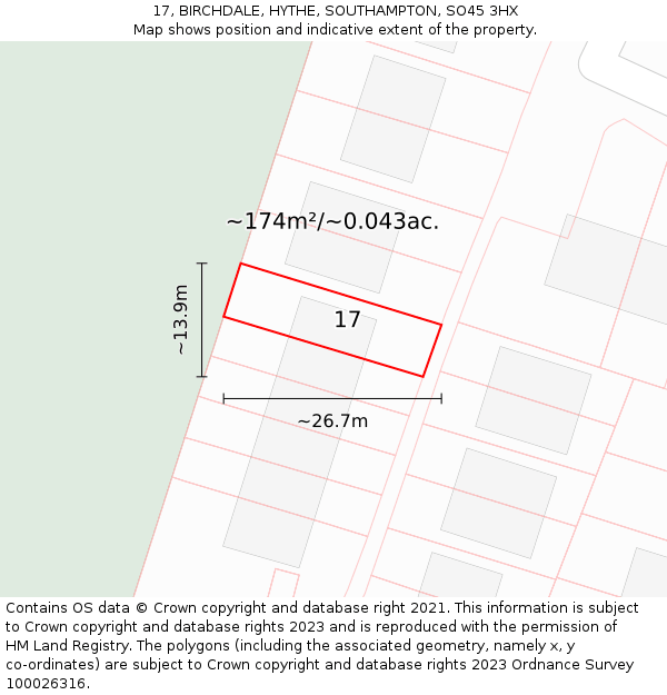 17, BIRCHDALE, HYTHE, SOUTHAMPTON, SO45 3HX: Plot and title map