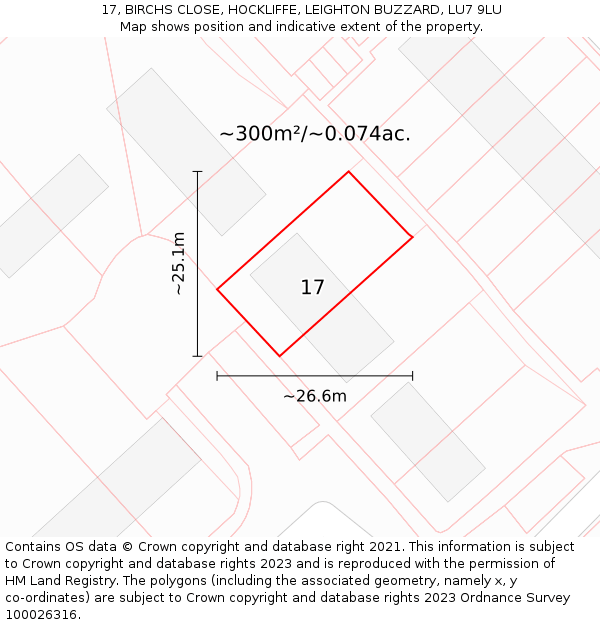 17, BIRCHS CLOSE, HOCKLIFFE, LEIGHTON BUZZARD, LU7 9LU: Plot and title map