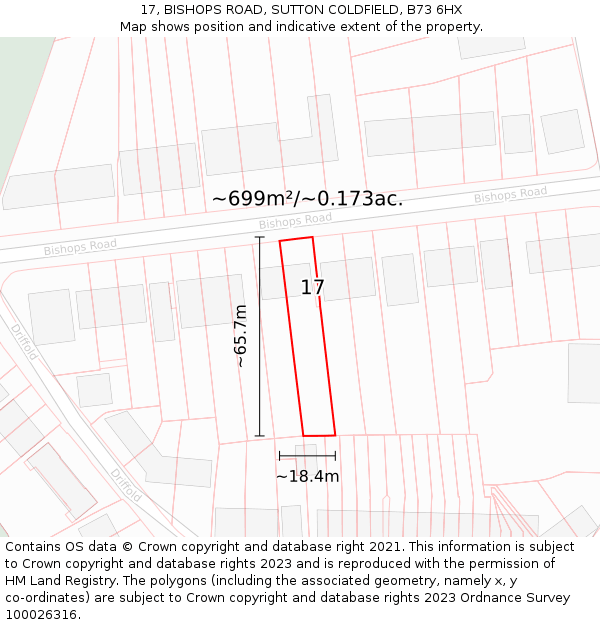 17, BISHOPS ROAD, SUTTON COLDFIELD, B73 6HX: Plot and title map