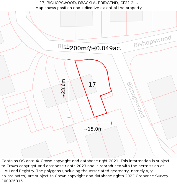 17, BISHOPSWOOD, BRACKLA, BRIDGEND, CF31 2LU: Plot and title map