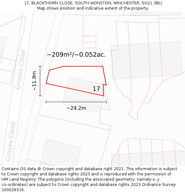 17, BLACKTHORN CLOSE, SOUTH WONSTON, WINCHESTER, SO21 3BU: Plot and title map