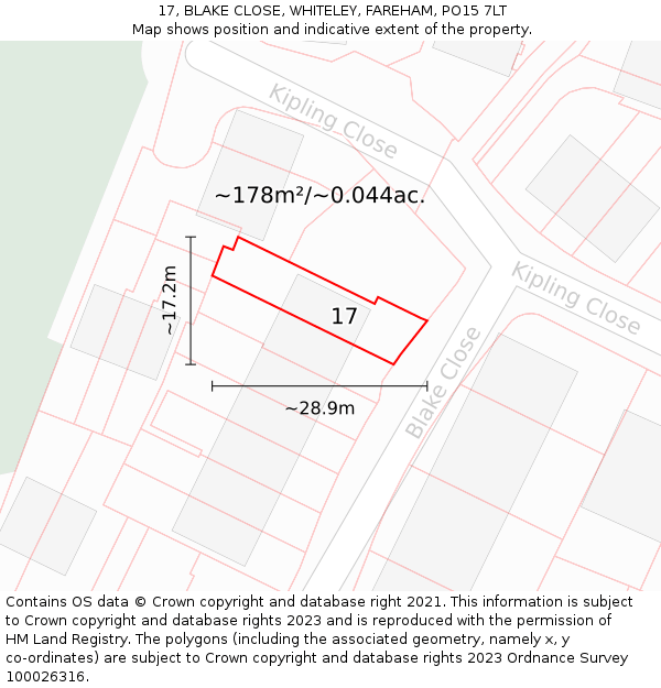 17, BLAKE CLOSE, WHITELEY, FAREHAM, PO15 7LT: Plot and title map