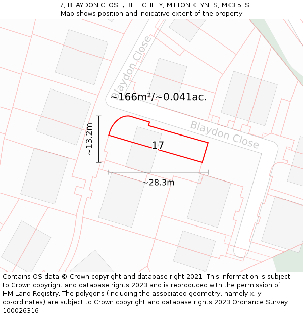 17, BLAYDON CLOSE, BLETCHLEY, MILTON KEYNES, MK3 5LS: Plot and title map