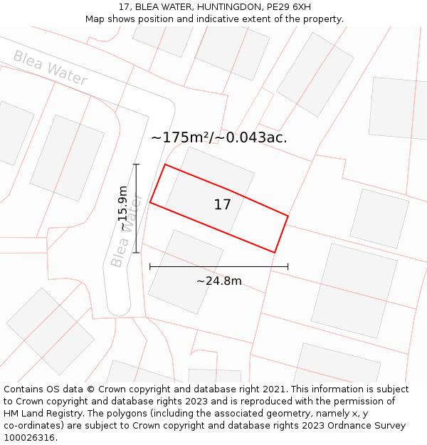 17, BLEA WATER, HUNTINGDON, PE29 6XH: Plot and title map