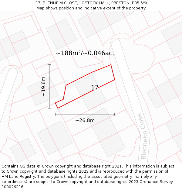 17, BLENHEIM CLOSE, LOSTOCK HALL, PRESTON, PR5 5YX: Plot and title map