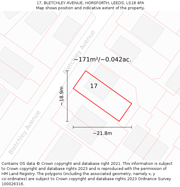 17, BLETCHLEY AVENUE, HORSFORTH, LEEDS, LS18 4FA: Plot and title map