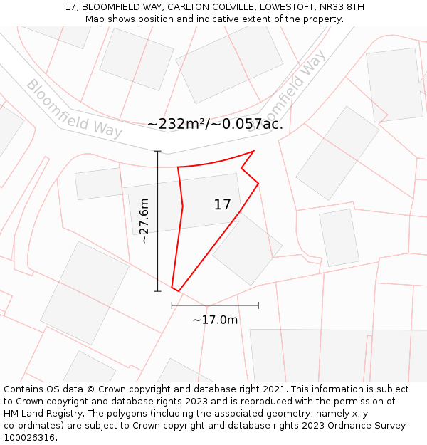 17, BLOOMFIELD WAY, CARLTON COLVILLE, LOWESTOFT, NR33 8TH: Plot and title map