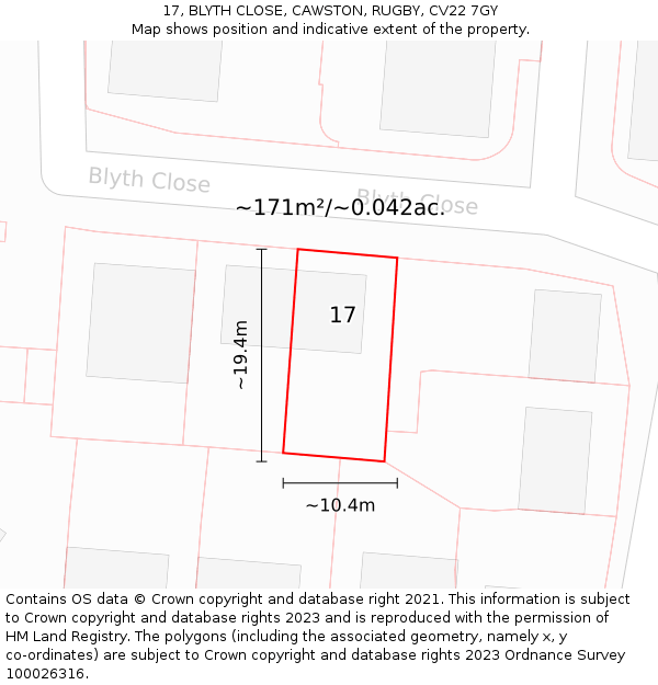 17, BLYTH CLOSE, CAWSTON, RUGBY, CV22 7GY: Plot and title map
