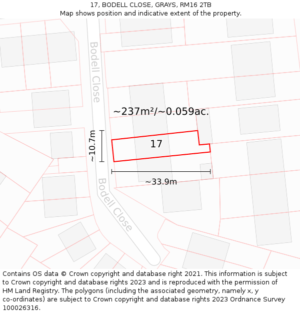 17, BODELL CLOSE, GRAYS, RM16 2TB: Plot and title map