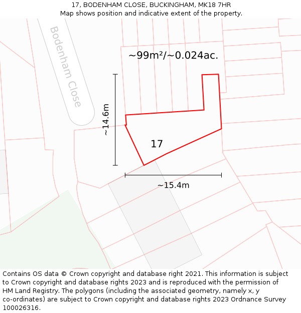 17, BODENHAM CLOSE, BUCKINGHAM, MK18 7HR: Plot and title map