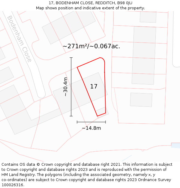 17, BODENHAM CLOSE, REDDITCH, B98 0JU: Plot and title map