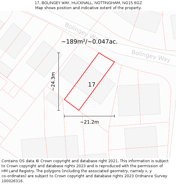 17, BOLINGEY WAY, HUCKNALL, NOTTINGHAM, NG15 6GZ: Plot and title map