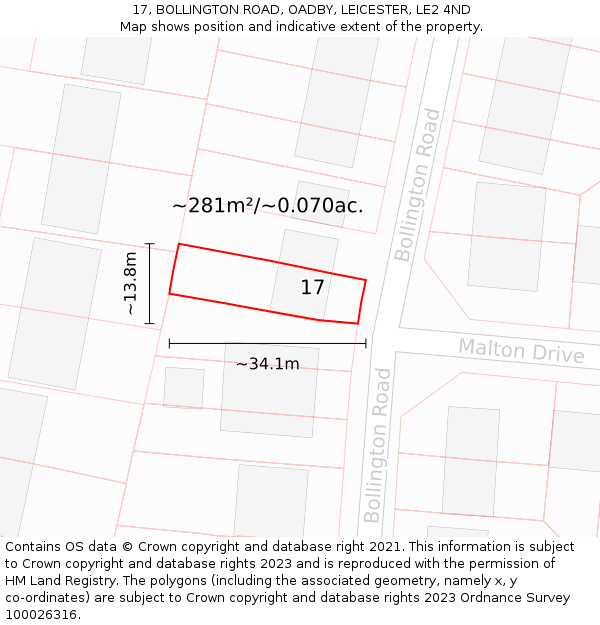 17, BOLLINGTON ROAD, OADBY, LEICESTER, LE2 4ND: Plot and title map