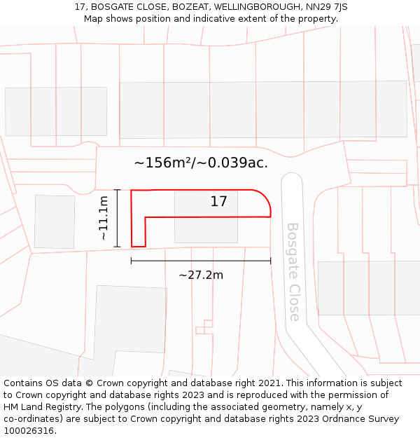 17, BOSGATE CLOSE, BOZEAT, WELLINGBOROUGH, NN29 7JS: Plot and title map