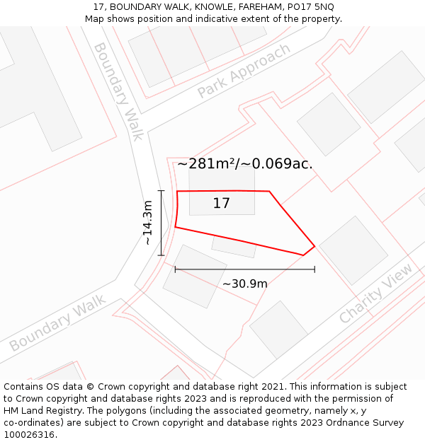 17, BOUNDARY WALK, KNOWLE, FAREHAM, PO17 5NQ: Plot and title map