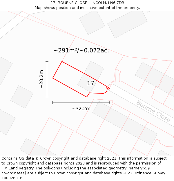 17, BOURNE CLOSE, LINCOLN, LN6 7DR: Plot and title map