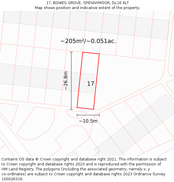 17, BOWES GROVE, SPENNYMOOR, DL16 6LT: Plot and title map