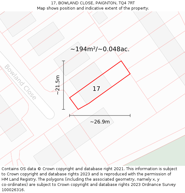 17, BOWLAND CLOSE, PAIGNTON, TQ4 7RT: Plot and title map