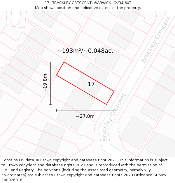 17, BRACKLEY CRESCENT, WARWICK, CV34 6XT: Plot and title map