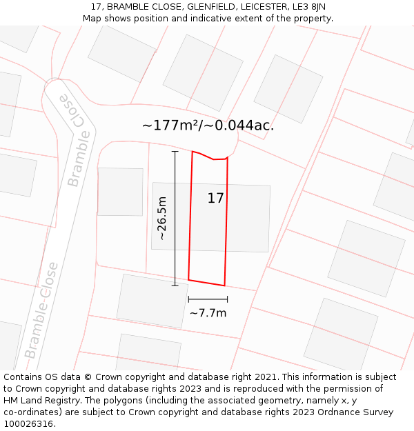 17, BRAMBLE CLOSE, GLENFIELD, LEICESTER, LE3 8JN: Plot and title map