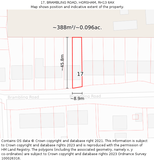 17, BRAMBLING ROAD, HORSHAM, RH13 6AX: Plot and title map