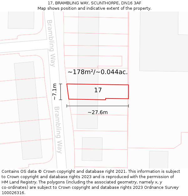 17, BRAMBLING WAY, SCUNTHORPE, DN16 3AF: Plot and title map