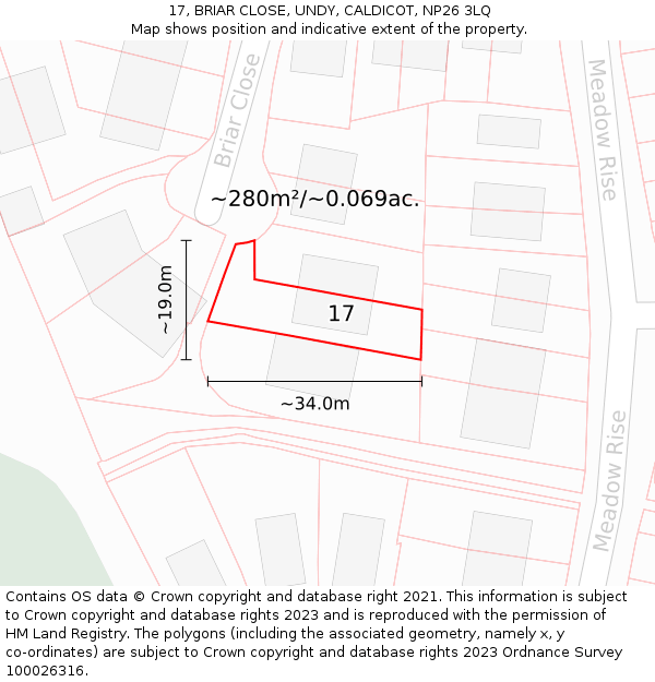 17, BRIAR CLOSE, UNDY, CALDICOT, NP26 3LQ: Plot and title map