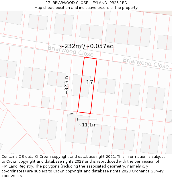 17, BRIARWOOD CLOSE, LEYLAND, PR25 1RD: Plot and title map