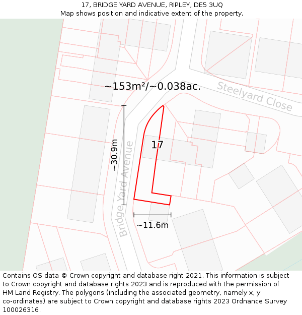 17, BRIDGE YARD AVENUE, RIPLEY, DE5 3UQ: Plot and title map