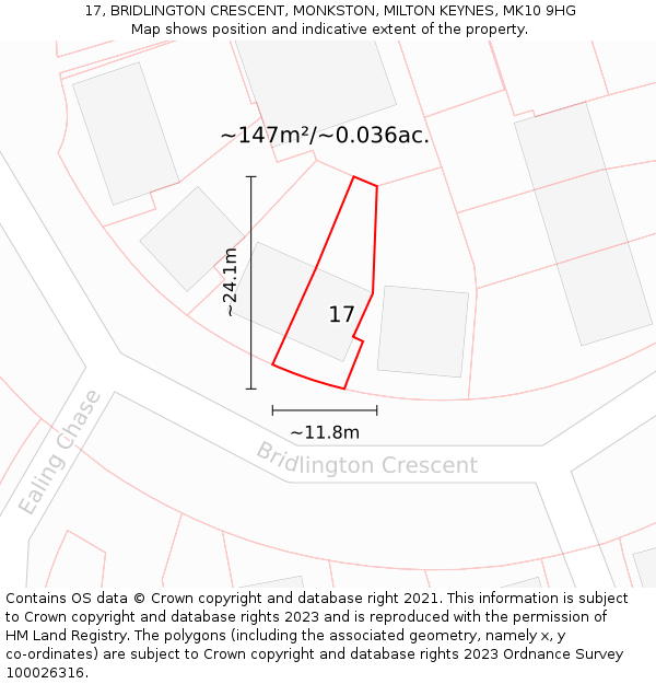 17, BRIDLINGTON CRESCENT, MONKSTON, MILTON KEYNES, MK10 9HG: Plot and title map